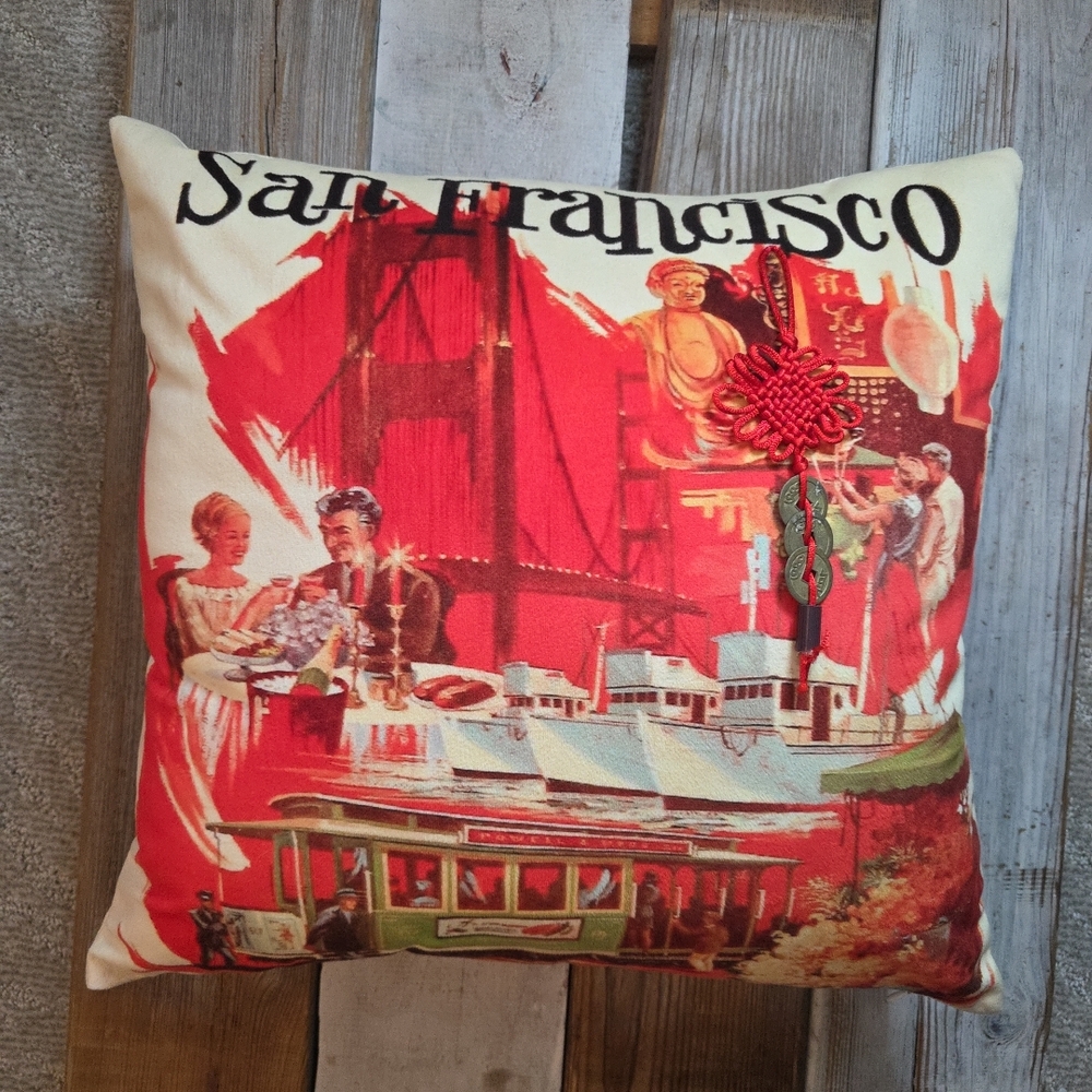 San Francisco Retro Travel Poster Print 17" Throw Pillow 2 Sided Design